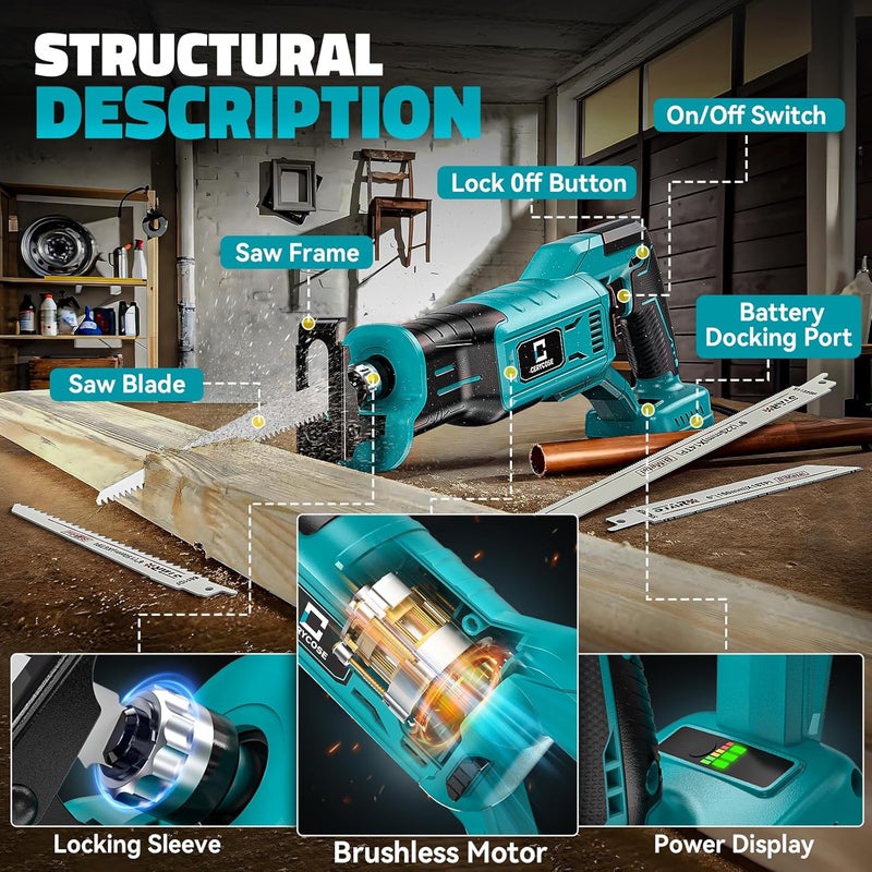 Cerycose Cordless Reciprocating Saw Compatible with Makita 18V Battery, Variable Speed 1" Stroke Length,3200 SPM, Toolless Blade Change, 4 Saw Blades for Metal Wood PVC Cutting Tool Only - Image 2
